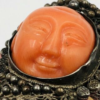 Antique Chinese Silver Filigree Coral Carved Face Adjustable Ring 7