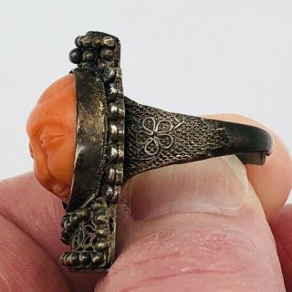 Antique Chinese Silver Filigree Coral Carved Face Adjustable Ring 8