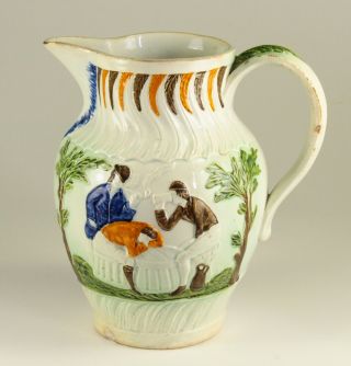 Antique 18th C.  Pearlware Prattware Pitcher Jug Staffordshire Bucolic Pastoral