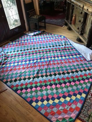 Colorful Vintage Block Square Check Handmade Quilt,  King,  Queen,  84” X 92”