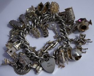 Vintage Solid Silver Charm Bracelet & 26 Charms.  Rare,  Open,  Move.  108.  3g