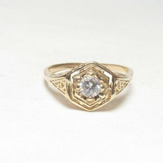1940s Vintage 14k Yellow Gold 0.  30 Ct Round Brilliant Cut Diamond Filigree Ring