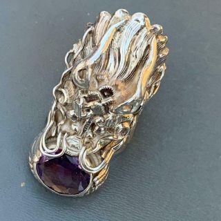 Massive Vintage Chinese Sterling Silver Amethyst Dragon Ring