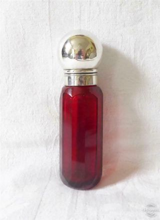 Quality Antique Ruby Red Glass Scent / Perfume Bottle With Silver Top B’ham 1888