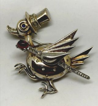 Rare Alfred Philippe Trifari Stork With Top Hat And Cane Vermeil Over Sterling