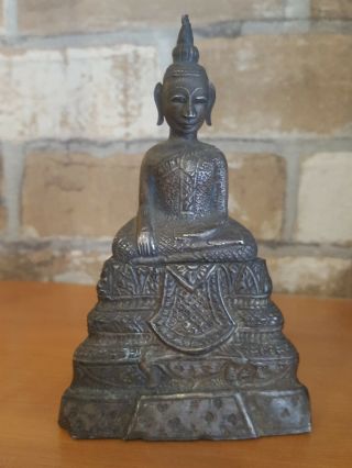 19c.  Antique Silver Seated Buddha Statuette 5” Cambodia Burma Laos Thai Rare