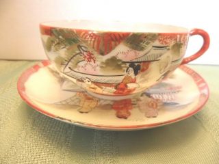 Antique Asian Red Rim Eggshell Porcelain Cup & Saucer Hand - Painted Geisha Japan