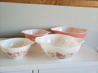 Vintage Pink Gooseberry Pyrex Mixing Bowls 441 442 443 444 2