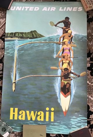 Vintage United Air Lines Hawaii Travel Poster Stan Galli W/original Mailing Tube