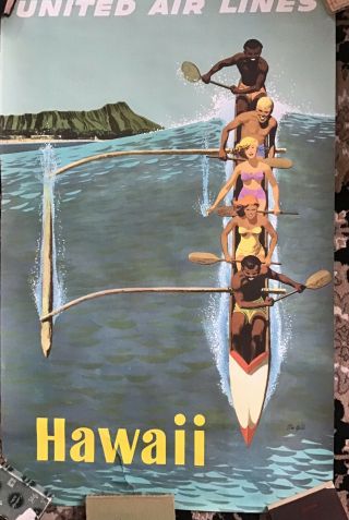 Vintage United Air Lines Hawaii Travel Poster Stan Galli W/original Mailing Tube 3