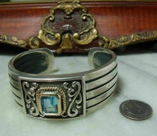 Vintage Sterling Silver,  Solid 14k Gold Blue Topaz Bracelet For Woman Or Man