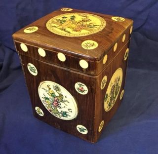 Unusual Antique Chinese Hand Painted Porcelain Inlaid Wooden Tea Caddy Box