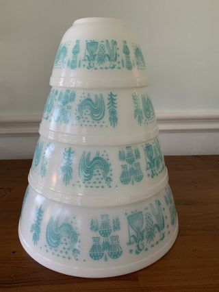 Set Of 4 Vintage Pyrex Amish Butterprint Mixing Bowls Turquoise White Round
