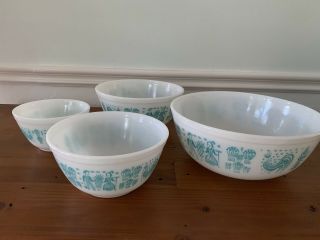 Set of 4 Vintage Pyrex Amish Butterprint Mixing Bowls Turquoise White Round 3