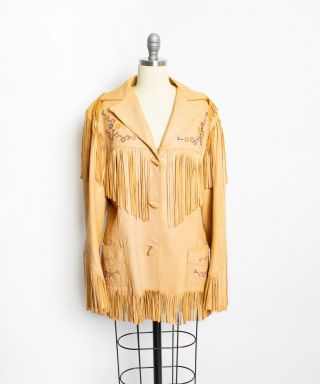 Vintage 1950s Western Jacket Leather Fringe Beaded Ladies 50s Chris Line Medium