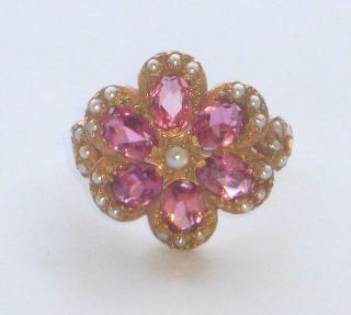 Exceptional Very Large Setting Antique Vintage Pink Tourmaline & Pearl Gold Ring