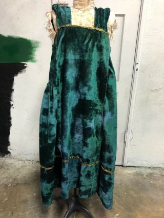 Antique 1920s Sea Moss Green Silk Velvet Sleeveless Dress Gold Lamé Trim Vintage