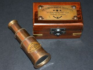 Antique Vintage Brass Telescope 4 " Marine Spyglass Scope Brown W/ Wooden Box
