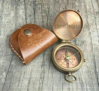 Antique Brass Nautical Compass With Leather Case Vintage Marine Gift