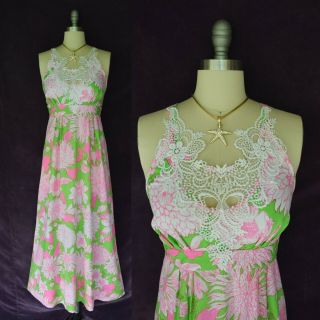 Vtg 60 ' s The Lilly Pulitzer crochet lace maxi festival dress resort tropical 2