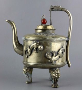 Collect Old Tibet Silver Carved Myth Dragon Delicate Royal Family Noble Wine Pot