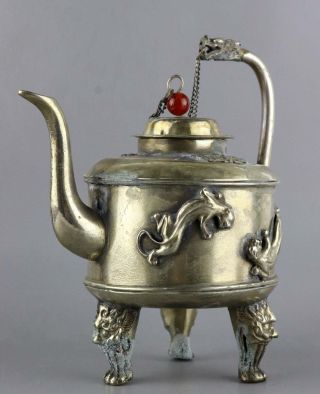 Collect Old Tibet Silver Carved Myth Dragon Delicate Royal Family Noble Wine Pot 2