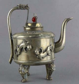Collect Old Tibet Silver Carved Myth Dragon Delicate Royal Family Noble Wine Pot 4