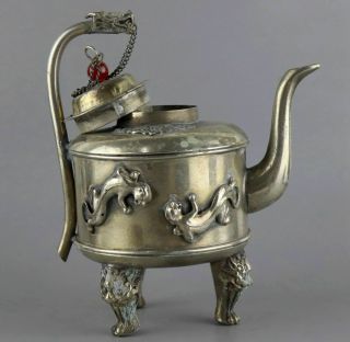 Collect Old Tibet Silver Carved Myth Dragon Delicate Royal Family Noble Wine Pot 5
