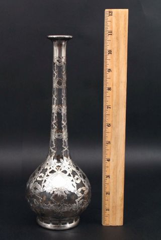11in Antique Hand Blown Glass Sterling Silver Overlay Floral Bow Bottle Vase