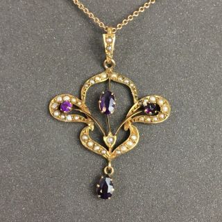 Antique Art Nouveau 9ct Gold Amethyst & Seed Pearl Set Pendant Necklace C1900