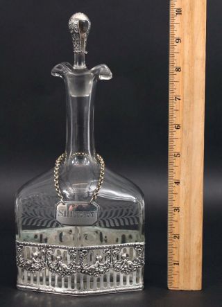 Antique Victorian Etched Glass & German 812 Silver Sherry Liquor Decanter Bottle
