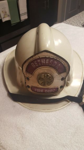 Vintage Fire Department Helmet Leather Shield Bethesda,  Nc Durham County