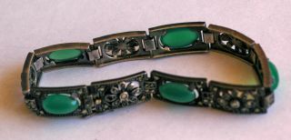Exquisite Antique Sterling Marcasite Chryoprase Bracelet Germany