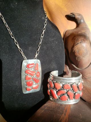 Old Pawn Vintage Navajo C Griego Coral Bracelet And Pendant