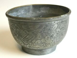 Antique Signed Chinese Engraved Pewter Tea Cup Bowl With Flowers And Bees