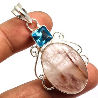 Rose Quartz,  Blue Topaz Pendant 925 Sterling Silver Jewelry Sz2.  26 "