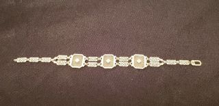 Antique 10k White Gold Bracelet - 3 Diamonds - Filigree - 7in - 5.  9 Dwt