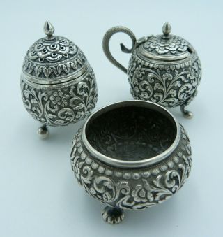 Edwardian - George V Raj Indian Kutch Silver Cruet - Salt,  Pepper & Mustard Pot