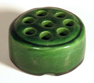 Early 1900s Antique Awaji Pottery Made In Japan Green Flower Frog Ikebana