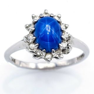 Vintage 14K White Gold 1.  9 Ct Blue Star Sapphire & 0.  18 TCW Diamond Ring 2.  8 Gr 5