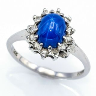 Vintage 14K White Gold 1.  9 Ct Blue Star Sapphire & 0.  18 TCW Diamond Ring 2.  8 Gr 6