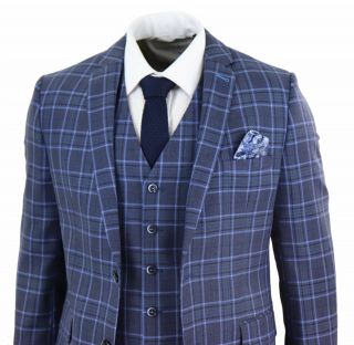 Mens Check Suit 3 Piece Vintage Classic Slim Fit Navy Blue Wedding Prom Office