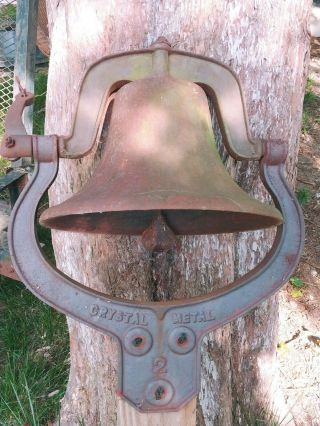 Antique Cast Iron Crystal Metal No 2 Bell W/ Yoke Farm Dinner School 15.  ” Dia