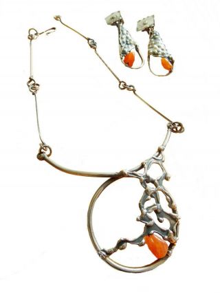 European Brutalist 1960s Modernist Gemstone Necklace Earrings Set Scandinavian