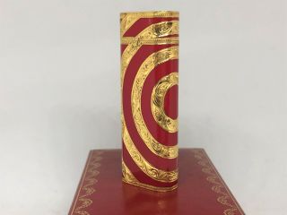 Rare Auth CARTIER x ROY KING K18 Gold Plated Lacquer Circle Etched Lighter Red 3