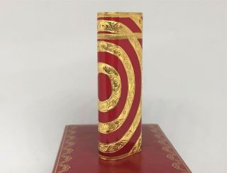 Rare Auth CARTIER x ROY KING K18 Gold Plated Lacquer Circle Etched Lighter Red 4