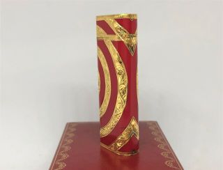Rare Auth CARTIER x ROY KING K18 Gold Plated Lacquer Circle Etched Lighter Red 5