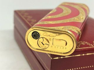 Rare Auth CARTIER x ROY KING K18 Gold Plated Lacquer Circle Etched Lighter Red 8