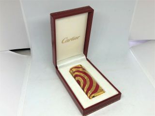 Rare Auth CARTIER x ROY KING K18 Gold Plated Lacquer Circle Etched Lighter Red 9