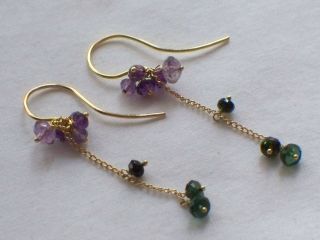 Pair 18ct Gold Amethyst Green Tourmaline Drop Earrings